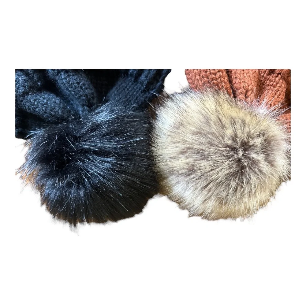 QUEENFUR‎ BEANIES- 1)Solid Black & 1) Solid Brown- both with removable pom poms